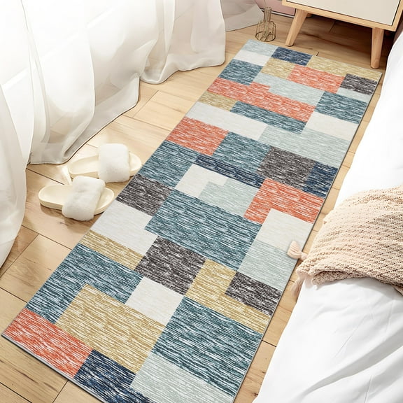 Haperlare Geometric Modern Runner Rugs for Hallway Entryway Washable Laundry Room Runner Rug Low Pile Non Slip Blue Orange Rugs,2'x6'