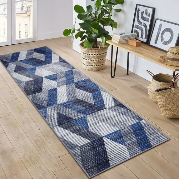 Haperlare Geometric Runner Rug for Hallway 2'x6' Modern Area Rug Runner Low-Pile Laundry Runner Rug for Entryway Kitchen Living Room, Navy Blue/Gray