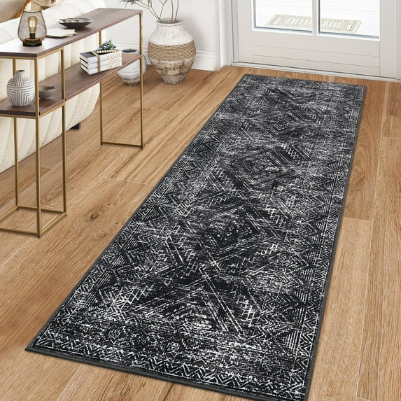 Haperlare Geometric Washable Runner Rugs for Hallway Non Slip Soft Laundry Room Runner Rug for Entryway Black Indoor Floor Mat,2'x6'