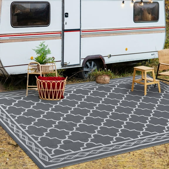 Haperlare Gray Moroccan Outdoor Area Rug 5x8 ft Waterproof Reversible Plastic Mat for Camping RV Picnic