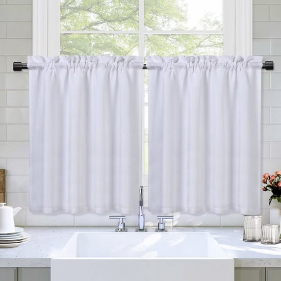 Haperlare Kitchen Curtain 30"W x 24"L Waffle Woven Textured Light Filtering Tier Curtains for Bathroom Cafe, White, 2 Panels