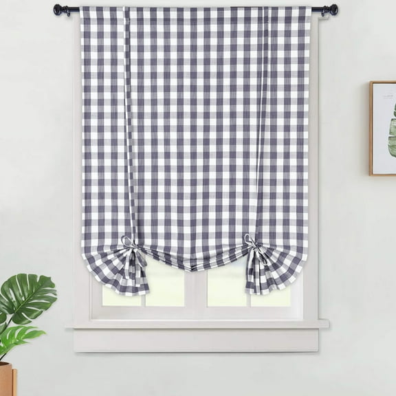 Haperlare Kitchen Curtain 42"W x 63"L Buffalo Check Adjustable Tie Up Curtain Farmhouse Rod Pocket Window Curtain for Living Room, Gray White, 1 Set
