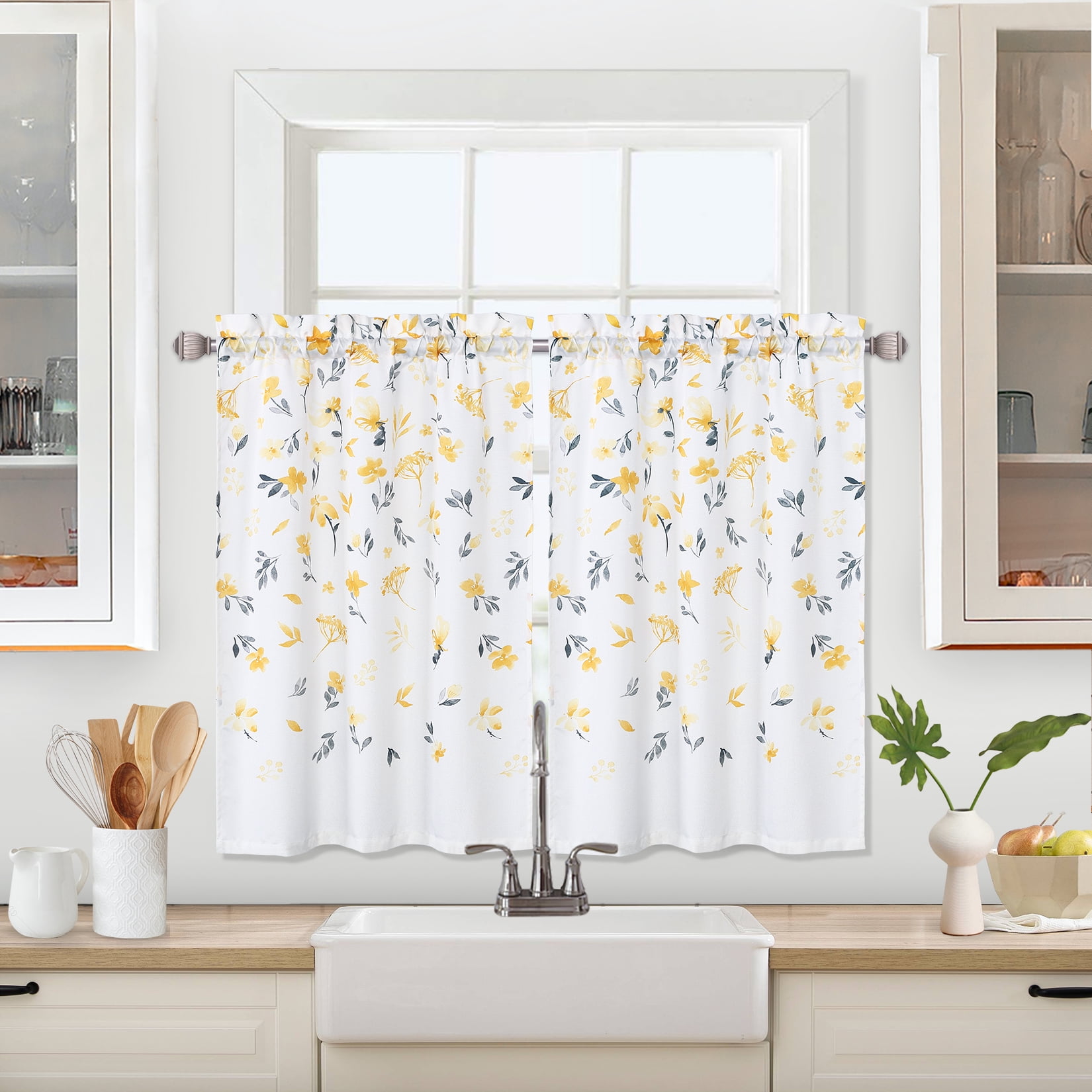 Haperlare Kitchen Curtains 36 Inches Long, Classic Watercolor Floral ...