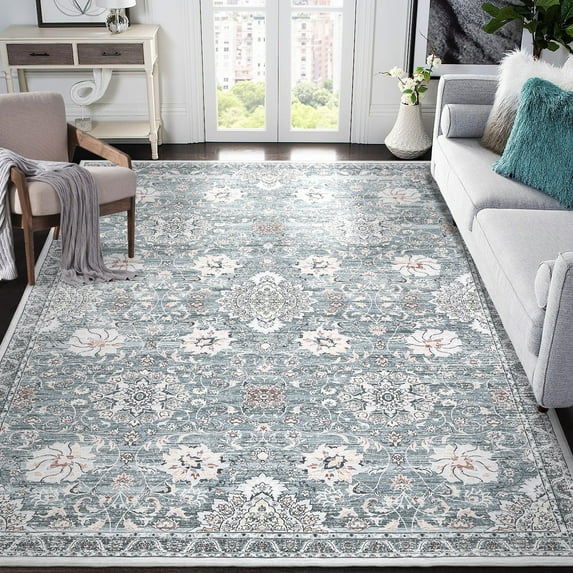 Haperlare Living Room Area Rugs Oriental Floral Washable Rugs for Bathroom Ultra-Thin Low Pile Indoor Floor Rug 8'x10' Blue Carpet