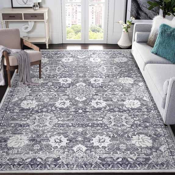 Haperlare Living Room Area Rugs Oriental Floral Washable Rugs for Bathroom Ultra-Thin Low Pile Indoor Floor Rug 8'x10' Grey Carpet