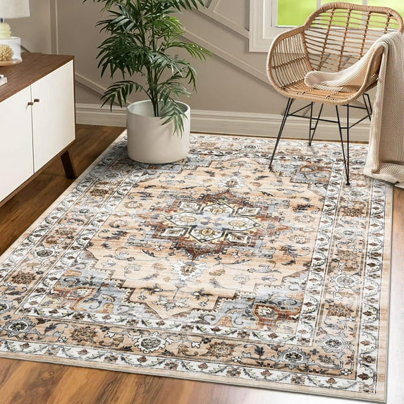 Haperlare Living Room Area Rugs Washable Vintage Medallion Floral Rugs Non Shedding Non Slip Area Rugs for Nursery Orange Indoor Floor Carpet,9'x12'