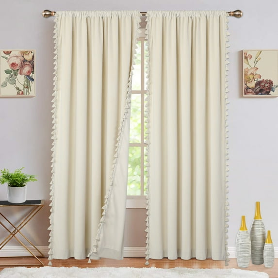 Haperlare Luxury Velvet Curtains with Tassels 42"W x 84"L Vintage Room Darkening Window Curtains for Living Room Bedroom, Cream, 2 Panels