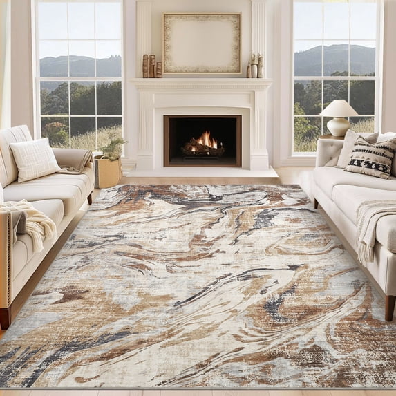 Haperlare Machine Washable Abstract Modern Area Rugs Ultra-Thin Low Pile Rugs for Home Office Family Room,9'x12',Brown Carpet