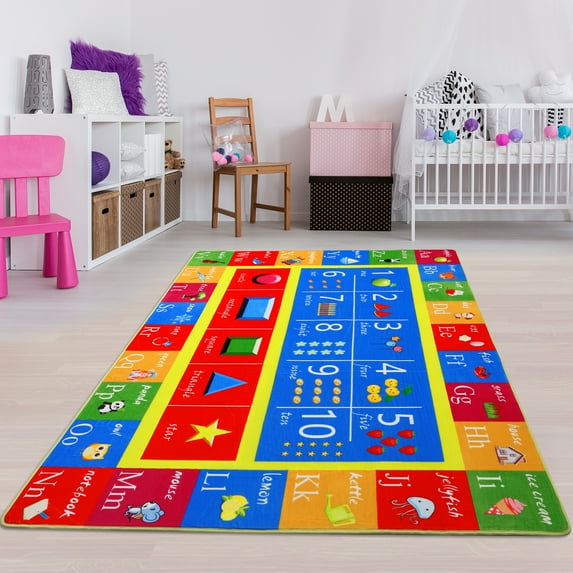 Haperlare Machine Washable Area Rugs for Bedroom Kids Chidren Educational Rug Alphabet Numbers Shapes Learning Soft Non Shedding Rugs Nursery Playroom Colorful Play Rugs,5'x7'