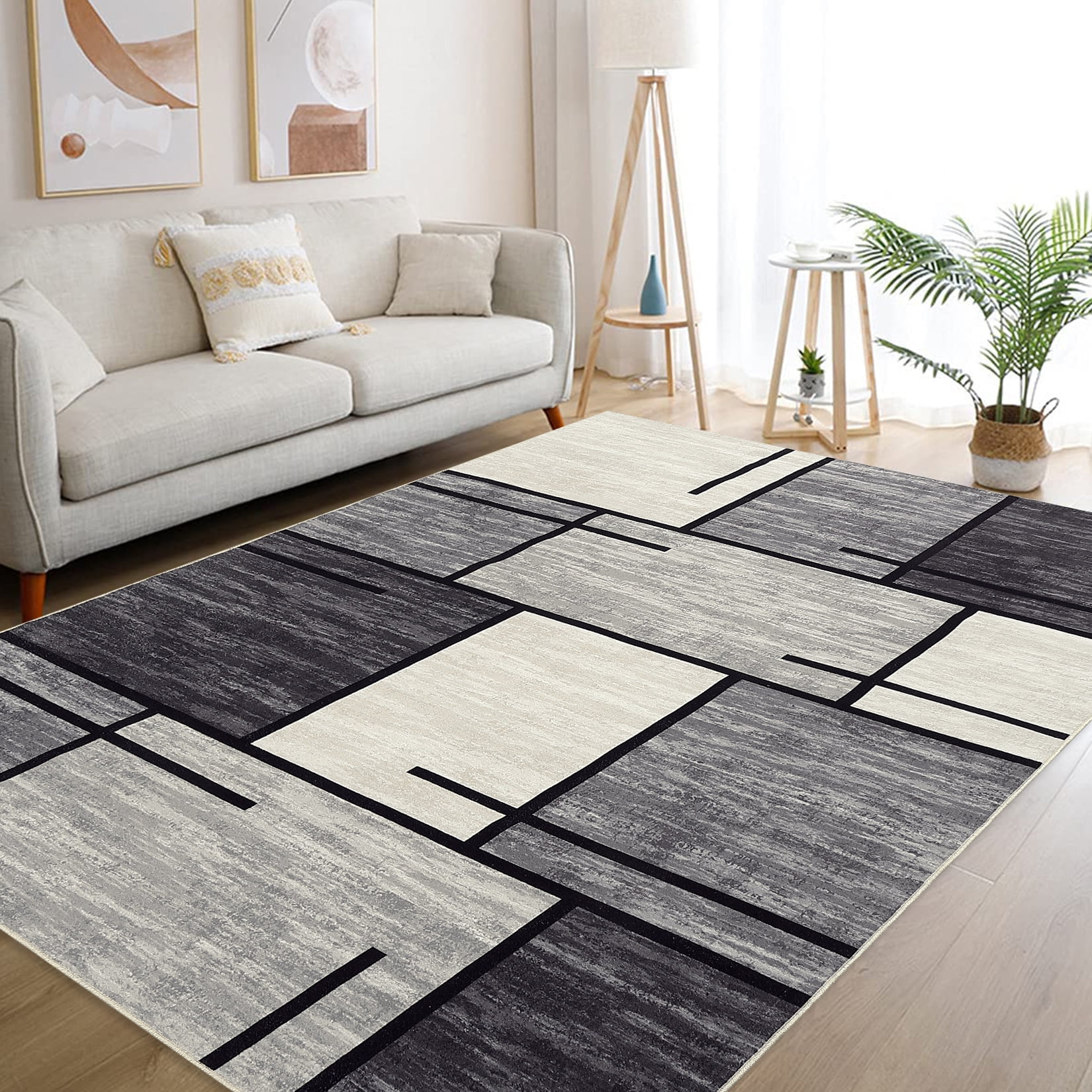 Modern Patterned Area Rug Haperlare Machine Washable Area Rugs Modern Geometric Ultra-Thin Low ...