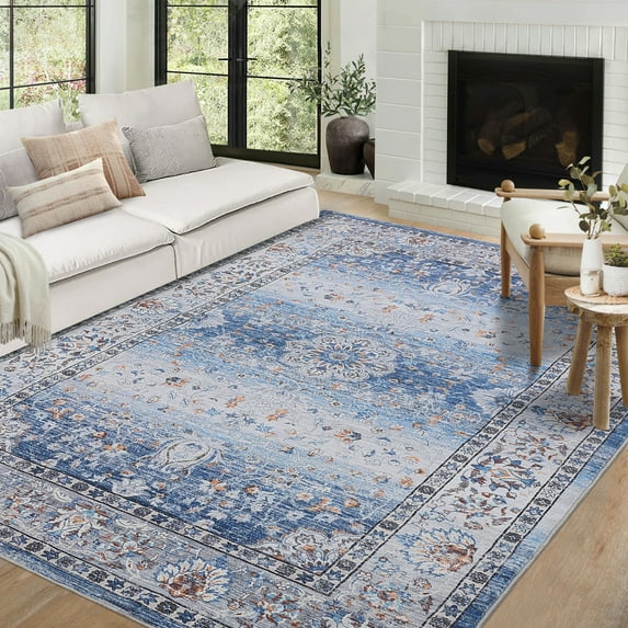 Haperlare Machine Washable Area Rugs for Living Room Blue Vintage Floral Rugs Stain-Resistant Rugs for Kitchen Dining Room 8'x10' Bordered Carpet