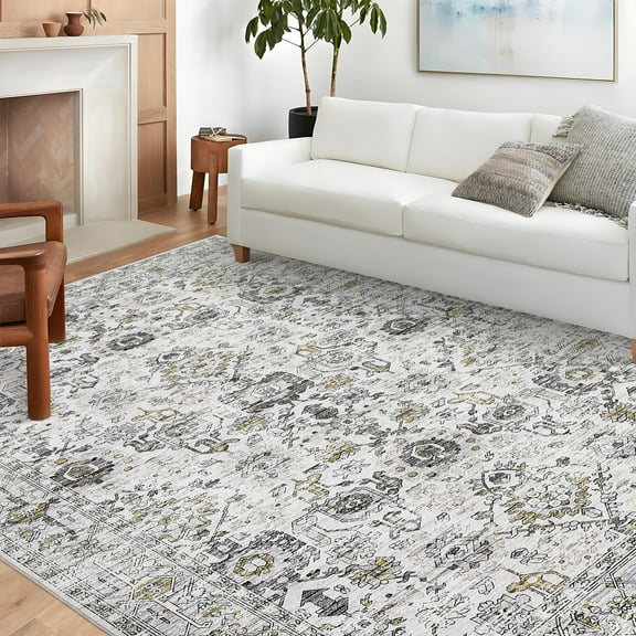 Haperlare Machine Washable Area Rugs for Living Room Vintage Stain-Resistant Rugs for Kitchen Dining Room Ultra-Thin Carpet,5'x7',Grey
