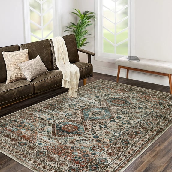 Haperlare Machine Washable Rug for Living Room 8'x10' Vintage Area Rug Boho Indoor Large Area Rug Persian Carpet for Bedroom Kids Room Home Office, Brown
