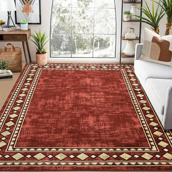 Haperlare Machine Washable Rug Modern Bordered Area Rugs Stain Resistant Non Slip Carpet Rug Contemporary Geometric Border Accent Rug, 5' x 7' Red