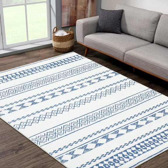 Haperlare Machine Washable Rugs for Living Room Vintage Geometric Non Shedding Area Rugs Moroccan Low Pile Rugs for Bathroom 8'x10' Blue Indoor Floor Throw Carpet