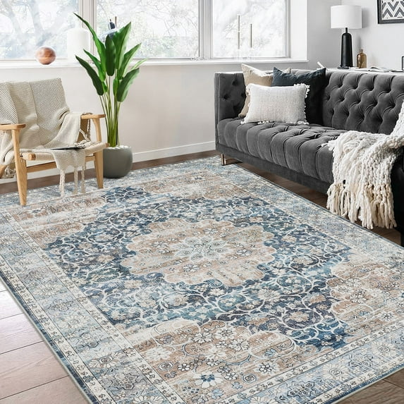 Haperlare Machine Washable Rugs for Bathroom Vintage Floral Bohemian Non Shedding Area Rugs for Home Office Family Room,9'x12' Blue and Orange Carpet