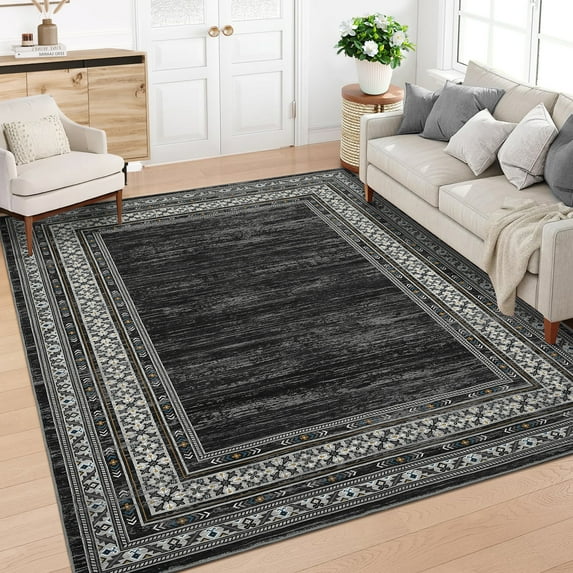 Haperlare Machine Washable Rugs for Living Room Bordered Print Stain-Resistant Area Rugs for Kitchen Dining Room,8'x10',Black