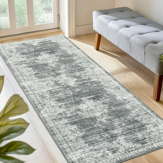Haperlare Machine Washable Runner Rugs for Hallway Vintage Non Slip Entryway Rugs for Laundry,2'x6' Grey Indoor Floor Rug