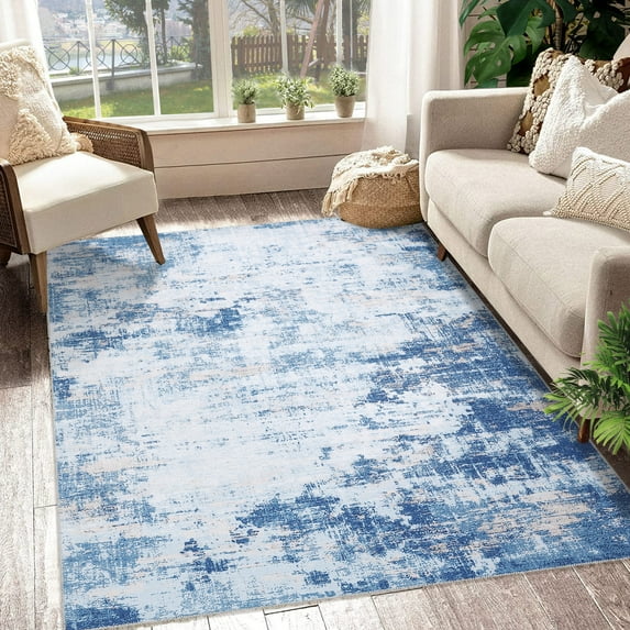 Haperlare Modern Abstract Area Rugs 4 x 6 Stain Resistant Non-Slip Floor Carpet Rug Contemporary Foldable Accent Rug Dining Table Rug Bedroom Decor, Blue