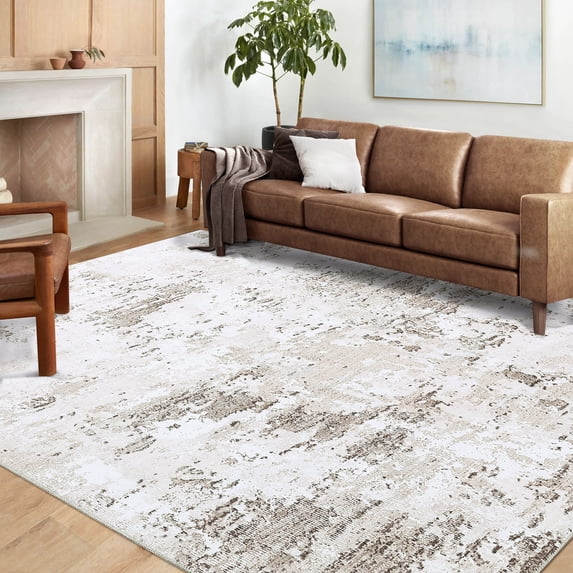 Haperlare Modern Area Rug Abstract Rug Chenille Indoor Carpet Contemporary Distressed Floor Cover for Living Room Bedroom, 5' x 7' Brown