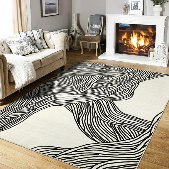 Haperlare Washable Area Rug 5' x 7' Abstract Line Area Rug for Living Room Bedroom Non-Slip Accent Rug, Black/Beige