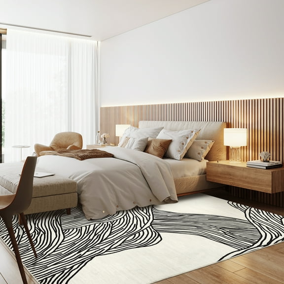 Haperlare Area Rugs 6' x 9' Area Rug for Living Room Abstract Line Washable Bedroom Non-Slip Carpet for Home Decor, Black/Beige