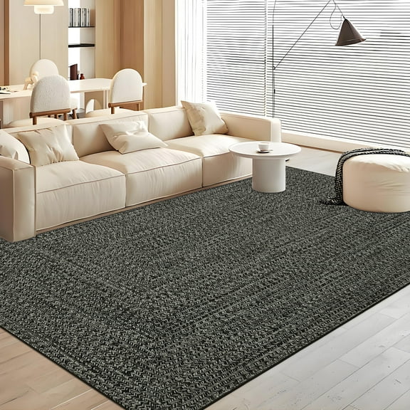 Haperlare Modern Area Rugs for Living Room Braided Print Machine Washable Ultra-Thin Soft Woven Rugs for Bedroom,Solid Dark Grey Carpet,8'x10'