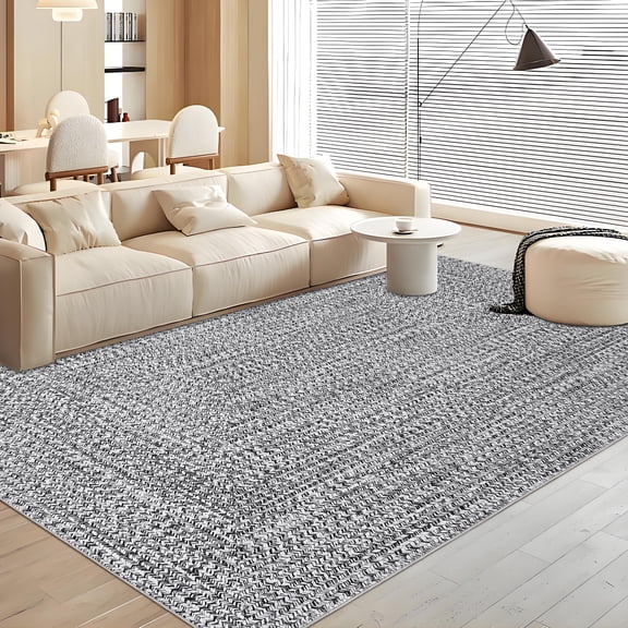 Haperlare Modern Area Rugs for Living Room Braided Print Machine Washable Ultra-Thin Soft Woven Rugs for Bedroom,Solid Grey Carpet,8'x10'