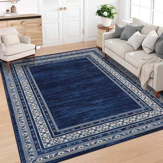 Haperlare Modern BordeBlue Print Area Rugs for Living Room,Machine Washable Non Shedding Rugs for Home Office,10'x13' Blue Carpet