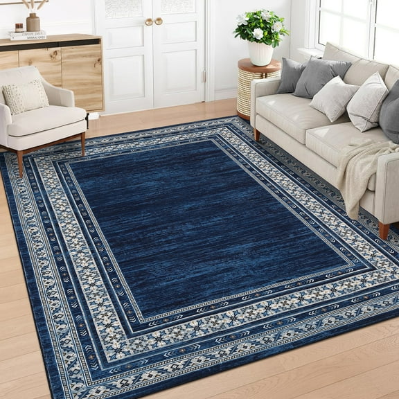 Haperlare Modern BordeBlue Print Area Rugs for Living Room,Machine Washable Non Shedding Rugs for Home Office,10'x13' Blue Carpet