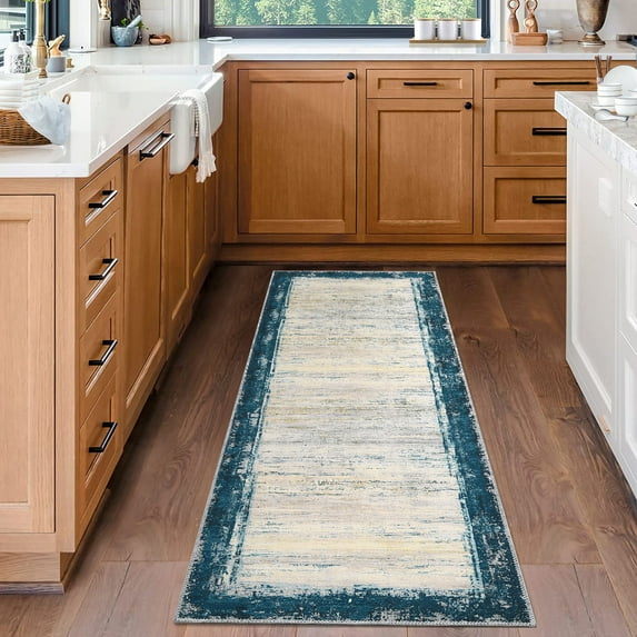 Haperlare Modern Bordered Area Rug Non-Slip Washable Rug Distressed Print Accent Rug Contemporary Throw Carpet, 2' x 6' Teal