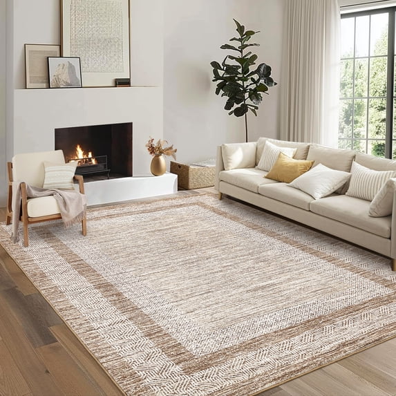 Haperlare Modern Bordered Distressed Rugs for Bedroom Washable Ultra-Thin Area Rugs Home Office Indoor Floor Brown Rugs,5'x7'