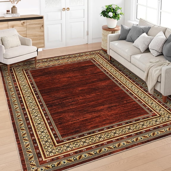 Haperlare Modern Bordered Print Area Rugs for Living Room,Machine Washable Non Shedding Rugs for Home Office,10'x13' Red Carpet