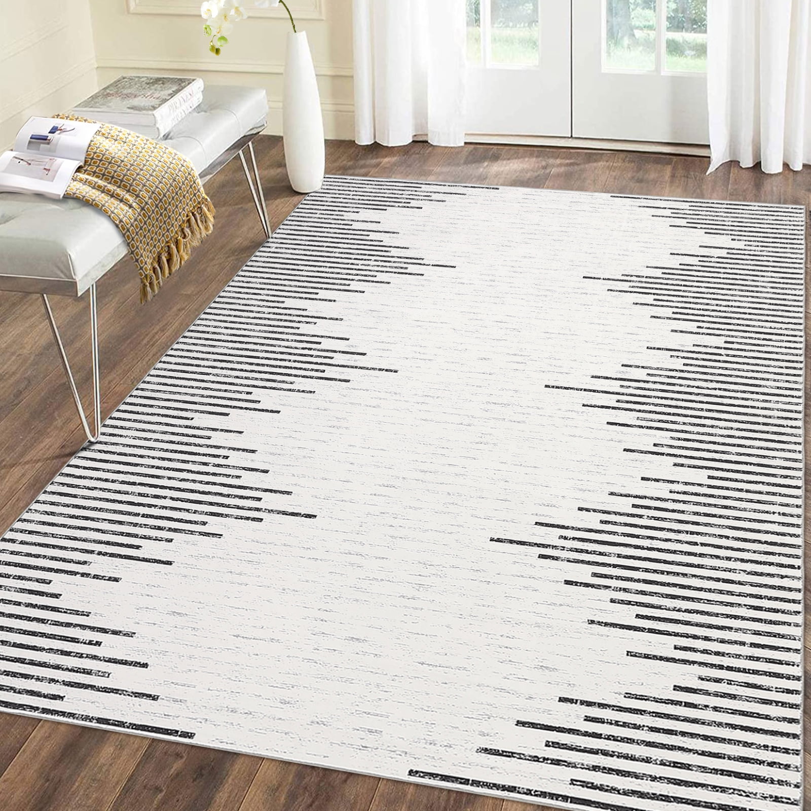 Haperlare Modern Geometric Area Rugs for Living Room Washable Soft Low Pile Home Office Family Room Rugs,Cream Carpet,5'x7'