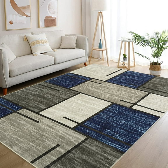 Haperlare Modern Geometric Washable Area Rugs Ultra-Thin Low Pile Soft Rugs for Living Room Checked Pattern Rugs Grey Blue Indoor Floor Throw Carpet,9'x12'