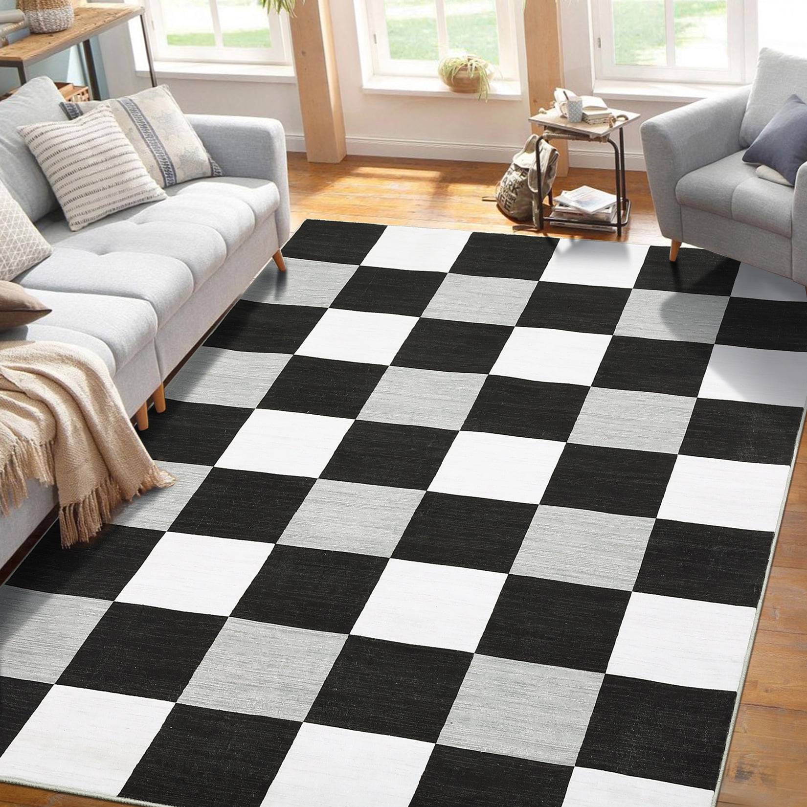 Black and White Geometric Checkered Synthetic Area Rug