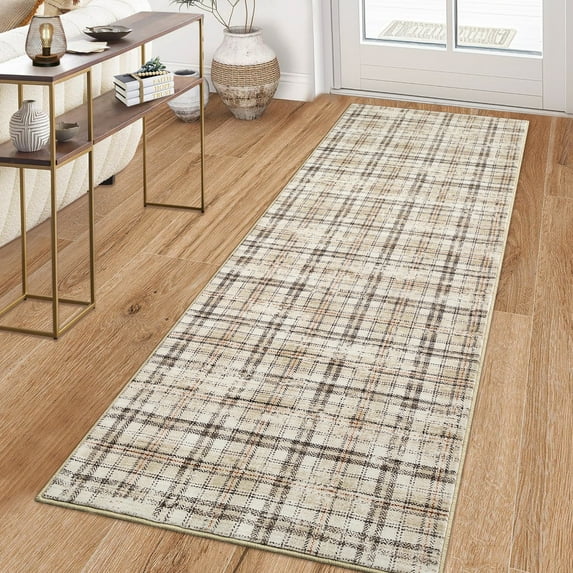 Haperlare Modern Plaid Runner Rug 2'x8' Washable Rugs, Non Slip Kitchen Rugs Ultra Soft Bedroom Rug Stain Resistant Carpet for Entryway Laundry, Beige