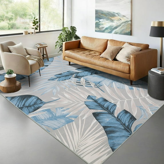 Haperlare Modern Rugs Machine Washable Tropical Plants Area Rugs for Kitchen Dining Room Stain-Resistant Blue Leaf Area Rug,5'x7'
