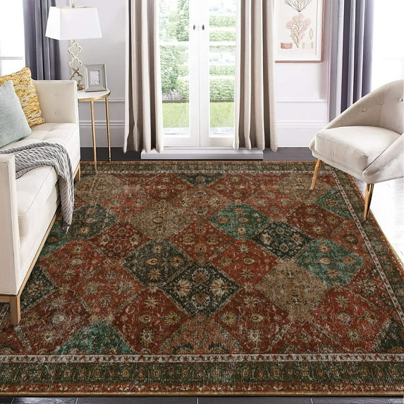 Haperlare Moroccan Vintage Washable Area Rugs for Bathroom Red Floral Soft Non Slip Rugs for Bedroom Family Room Home Office Area Rugs,6'x9'