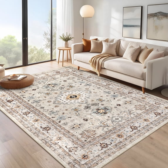Haperlare Oriental Area Rugs Vintage Bohemian Living Room Rugs Washable Low Pile Soft Area Rug Beige Carpet,8'x10'