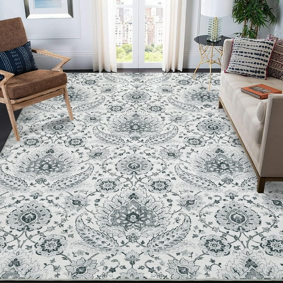 Haperlare Oriental Boho Floral Area Rugs 5'x7' Soft Non Slip Rugs for Bathroom Grey Nursery Carpet