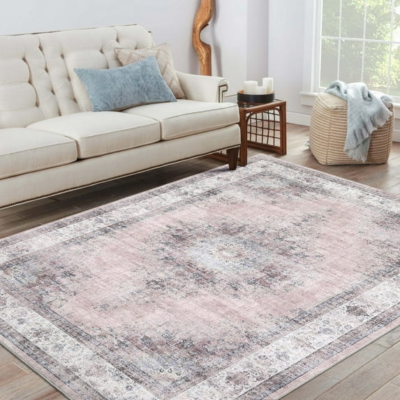 Haperlare Oriental Medallion Area Rugs Washable Low Pile Soft Rugs for Bedroom Home Office Pink Vintage Nursery Area Rugs 9'x12' Carpet