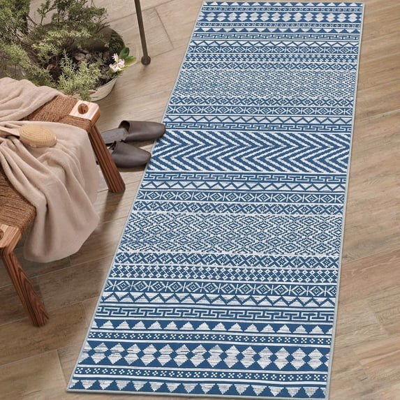 Haperlare Oriental Runner Rugs for Hallway Machine Washable Low Pile Laundry Runner Rug Blue Geometric Runner Rugs for Entryway,2'x8'