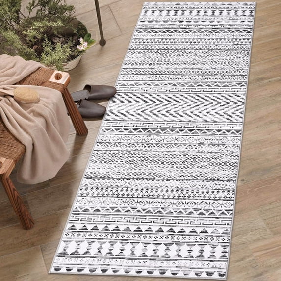 Haperlare Oriental Runner Rugs for Hallway Machine Washable Low Pile Laundry Runner Rug Grey Geometric Runner Rugs for Entryway,2'x8'