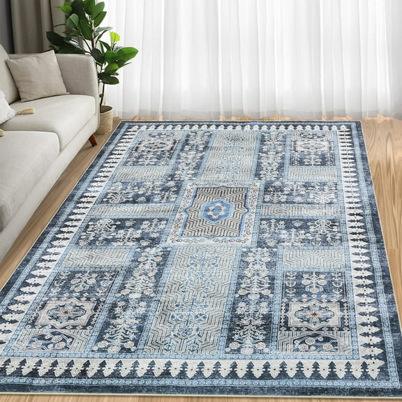 Haperlare Oriental Vintage Washable Area Rugs Non Shedding Soft Rugs for Bathroom Family Room Nursery Rug Blue Carpet,9'x12'