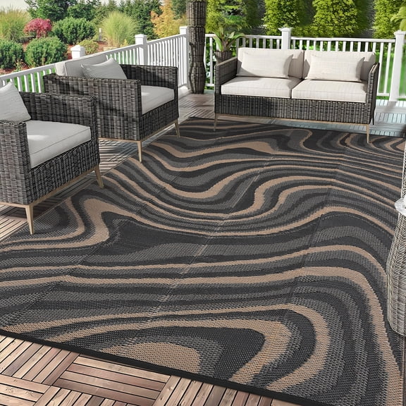 Haperlare Outdoor Rug 8'x10' Waterproof Reversible Camping Rugs, Modern Abstract Plastic Straw Rug Carpet for Patio Picnic Backyard Deck, Black