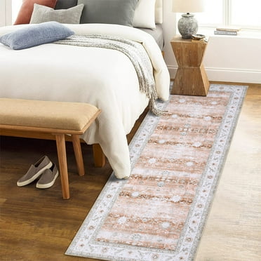 Haperlare Persian Area Rug Floral Distressed Carpet Machine Washable Area Rug for Bedroom Living Room Foldable Rug, 2' x 10' Pale Brown