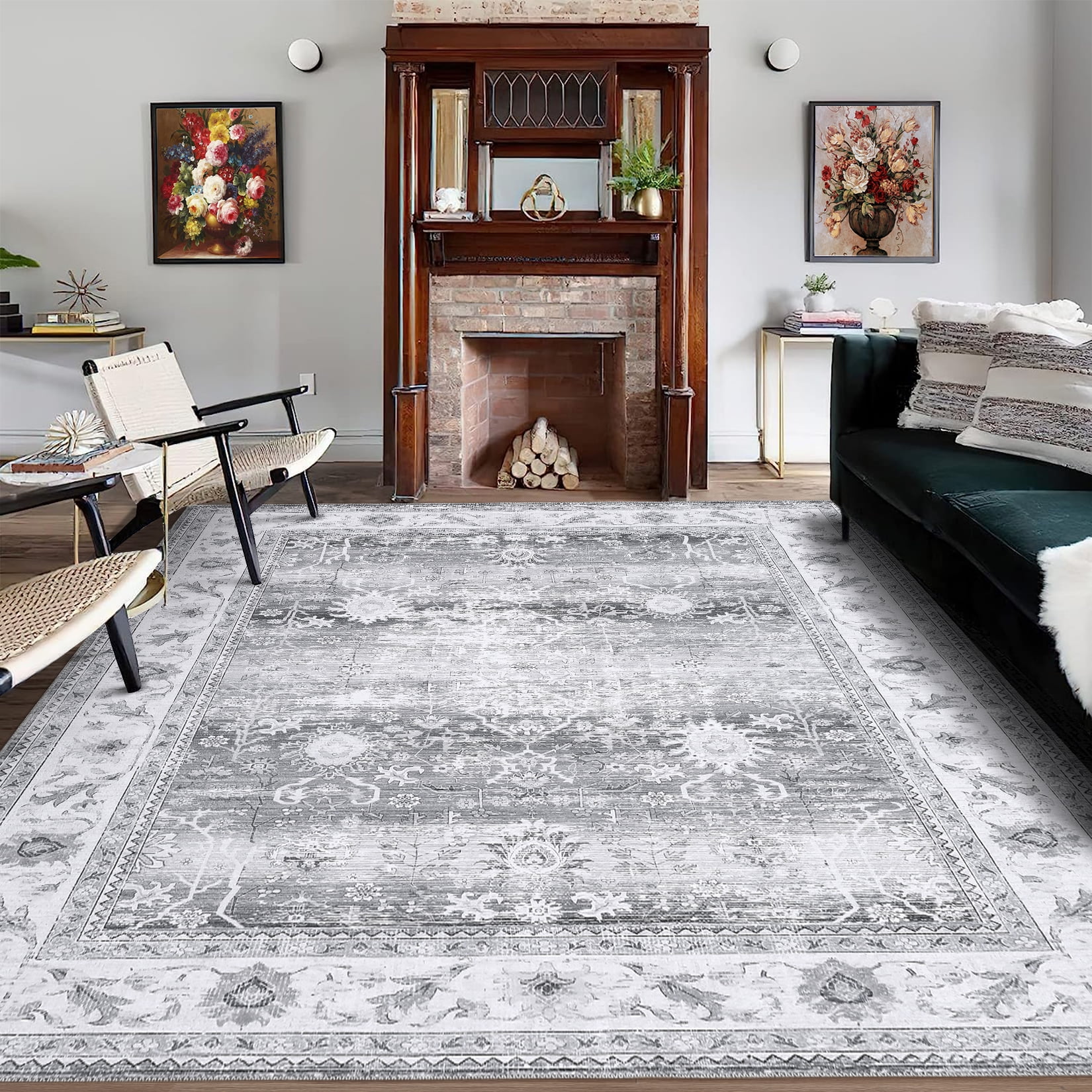 Gray Floral Synthetic Washable 6' x 9' Area Rug