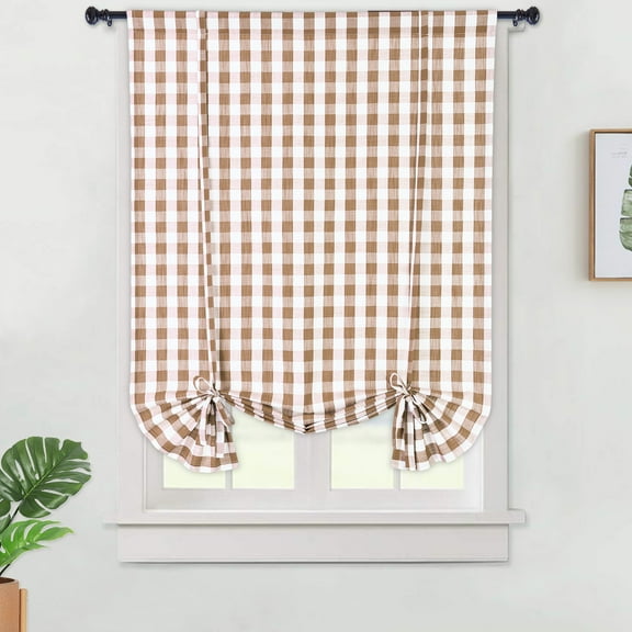 Haperlare Plaid Tie Up Curtain 42" x 63" Buffalo Check Gingham Pattern Adjustable Tie Up Shades Farmhouse Cafe Curtain for Bedroom, Tan White, 1 Set