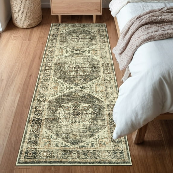 Haperlare Rug Runner 2'x6' Entryway Bohemian Area Rugs for Hallway Washable Low Pile Rugs for Bedroom Non Slip Kitchen Laundry Rug Brown